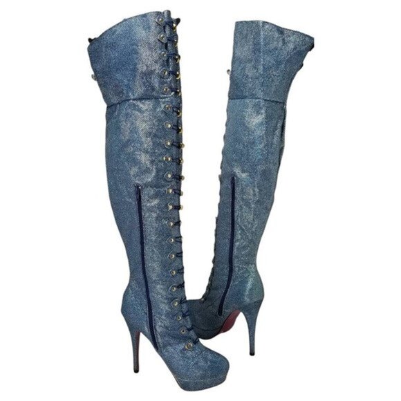 Ami Clubwear Metallic Blue Glitter Knee-High Platform Heel Boots Sparkle Size 9 - Picture 7 of 12